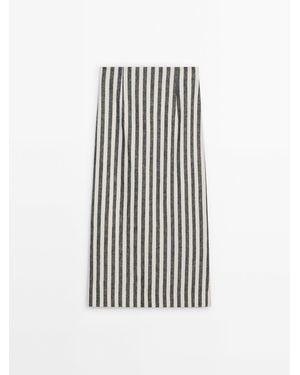 MASSIMO DUTTI Striped Linen Blend Midi Skirt - White