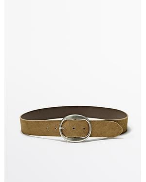 MASSIMO DUTTI Split Suede Leather Belt With Oval Buckle - Green