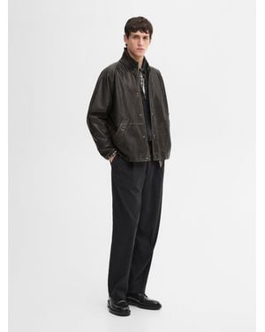 MASSIMO DUTTI Leather Jacket With Corduroy Collar - Black