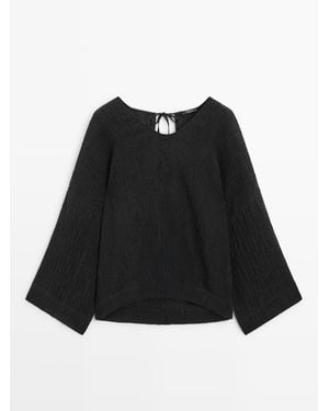 MASSIMO DUTTI Soepelvallende Blouse Van 100% Linnen Met Wafelstructuur - Zwart
