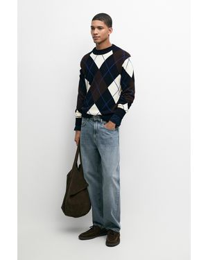 MASSIMO DUTTI 100% Cotton Argyle Knit Jumper - Blue