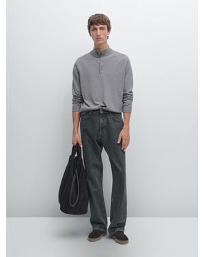 MASSIMO DUTTI Jersey Punto Cuello Mock Abotonado - Gris