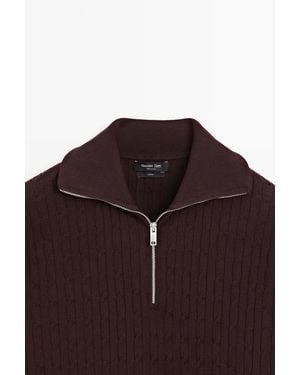 MASSIMO DUTTI Zip-Up Mock Neck Knit Jumper - Brown