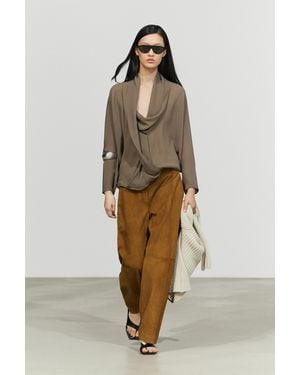 MASSIMO DUTTI Draped Surplice Neck Flowing Shirt - Natural