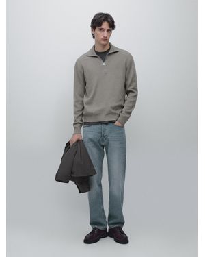 MASSIMO DUTTI Cotton Mock Neck Zip-Up Knit Jumper - Grey