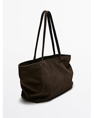 MASSIMO DUTTI Mittelgroße Tasche Aus Leder Und Rauleder Mit Icon - Schwarz