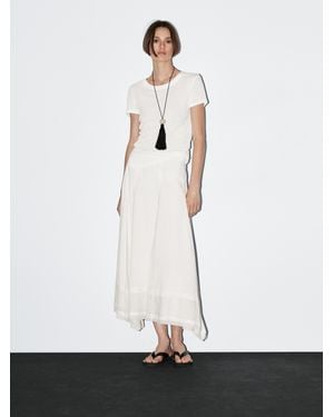 MASSIMO DUTTI Falda Midi Detalle Costuras Mezcla Algodón - Blanco