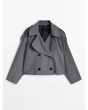 MASSIMO DUTTI Cropped Wool Blend Flannel Trench Coat - Gray