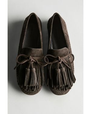 MASSIMO DUTTI Split Suede Loafers With Fringing And Tassels - Black