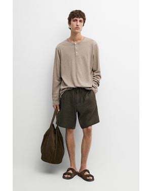 MASSIMO DUTTI Long Sleeve Henley Neck T-Shirt - Natural