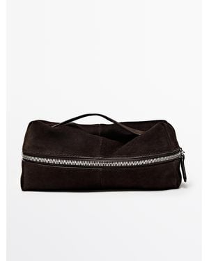 MASSIMO DUTTI Suede Leather Toiletry Bag With Zip - Black