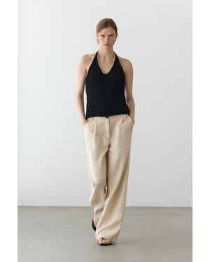 MASSIMO DUTTI 100% Linen Wide-Leg Elasticated Pants - White