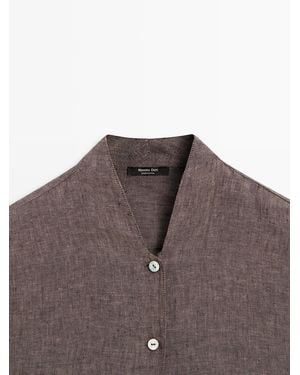 MASSIMO DUTTI 100% Linen V-Neck Shirt - White