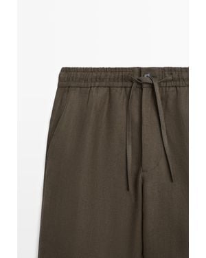 MASSIMO DUTTI 100% Linen Herringbone Detail Trousers - Natural