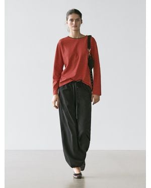 MASSIMO DUTTI Striped Long Sleeve Cotton T-Shirt - Red