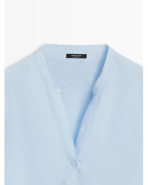 MASSIMO DUTTI 100% Linen Stand-Up Collar Shirt - Blue