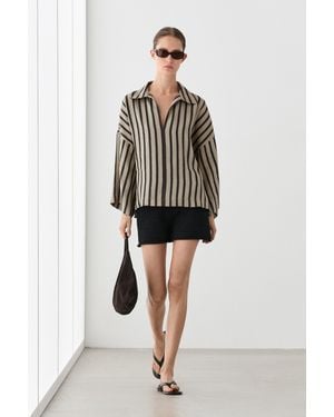 MASSIMO DUTTI Oversize Striped Linen Blend Blouse - Black