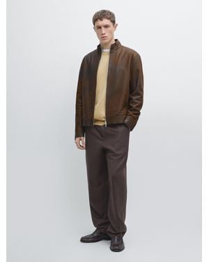 MASSIMO DUTTI Napped Suede Leather Jacket - Brown