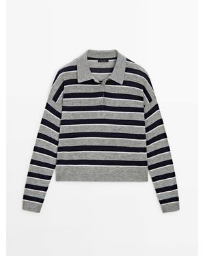 MASSIMO DUTTI Strickpullover Polo-Kragen Knöpfe - Schwarz