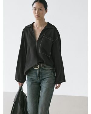 MASSIMO DUTTI Flowing Wool Blend Overshirt With Pocket Detail - Black