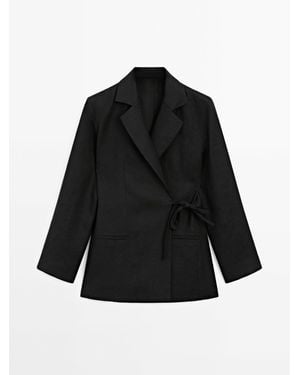 MASSIMO DUTTI 100% Linnen Blazer Met Strik - Zwart
