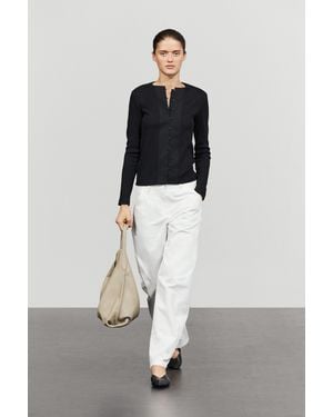 MASSIMO DUTTI Cotton Blend Henley T-Shirt With Button Detail - White
