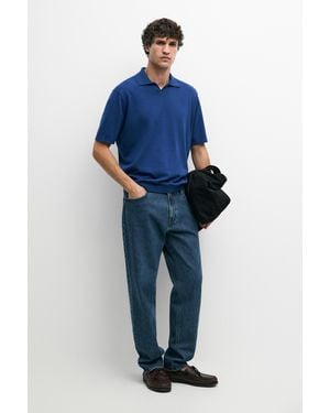 MASSIMO DUTTI 100% Cotton V-Neck Knit Polo - Blue
