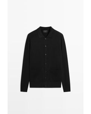 MASSIMO DUTTI 100% Cotton Knit Polo Collar Cardigan - Black