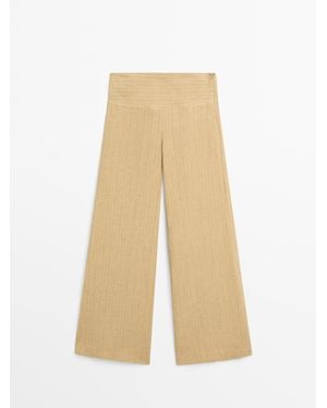 MASSIMO DUTTI Flare Fit Linen Pants With Striped Details - Natural