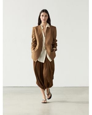 MASSIMO DUTTI 100% Linen Lapelless Double-Breasted Blazer - Natural
