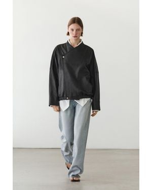 MASSIMO DUTTI Leather Bomber Jacket - White