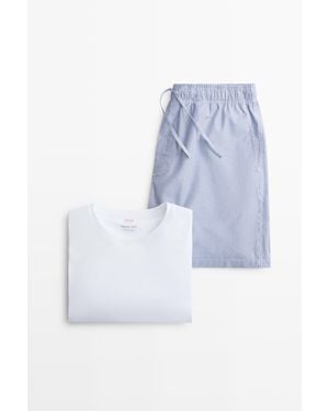 MASSIMO DUTTI Short Sleeve T-Shirt And Striped Shorts Pyjamas - Blue