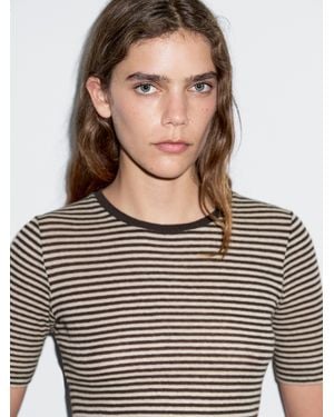 MASSIMO DUTTI Short Sleeve Striped Shirt - Brown