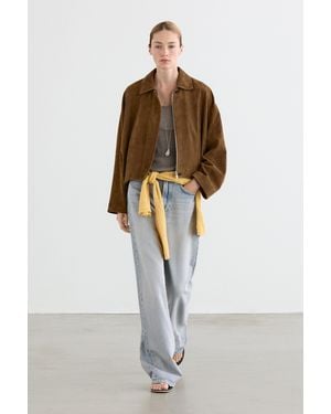 MASSIMO DUTTI Short Suede Leather Bomber Jacket - Green