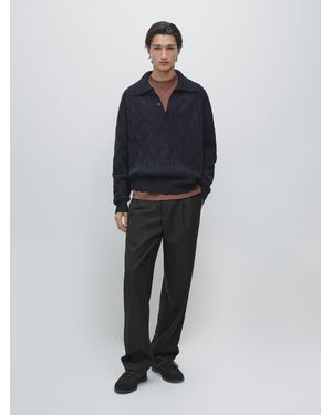 MASSIMO DUTTI Wool Braided Knit Polo Jumper - Blue