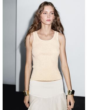 MASSIMO DUTTI 100% Cotton Ribbed Top With Contrast Detail - Natural