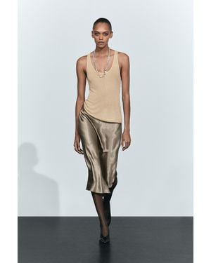 MASSIMO DUTTI Satin A-Line Midi Skirt - Natural