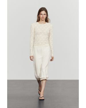 MASSIMO DUTTI Long Sleeve Lace Detail T-Shirt - Natural