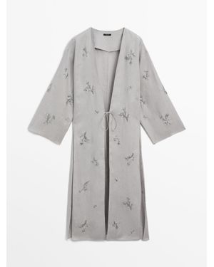 MASSIMO DUTTI 100% Linnen Geborduurde Kimono Twin Set - Grijs