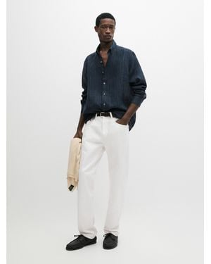 MASSIMO DUTTI Camisa Regular Fit Rayas 100% Lino - Azul