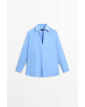 MASSIMO DUTTI Blouse Met V-Hals Van Katoen En Popeline - Blauw