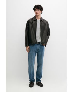 MASSIMO DUTTI Distressed Effect Leather Jacket - Black