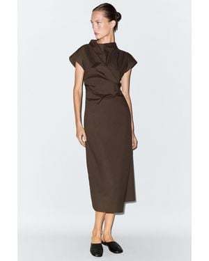 MASSIMO DUTTI 100% Cotton Poplin Draped Dress - Brown