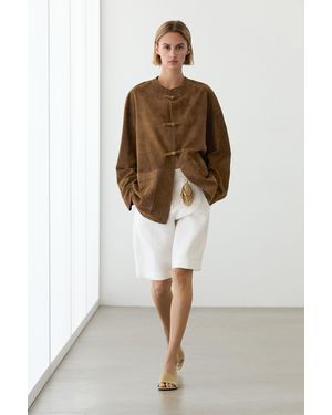 MASSIMO DUTTI Suede Leather Stand Collar Jacket - Brown