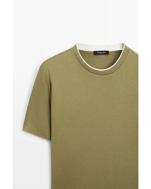 MASSIMO DUTTI 100% Cotton Layered Collar T-Shirt - Green