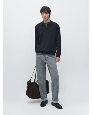 MASSIMO DUTTI 100% Wool Knit Jumper With Polo Collar - Blue