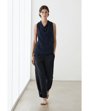 MASSIMO DUTTI Flowing Linen Blend Trousers With Buttoned Tab Detail - Blue