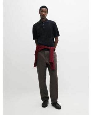 MASSIMO DUTTI Cotton Blend Cable-Knit Polo Jumper - Black