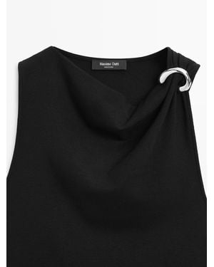 MASSIMO DUTTI Draped Neckline Top With Brooch Detail - Black