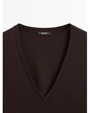 MASSIMO DUTTI Flowing V-Neck T-Shirt - Brown